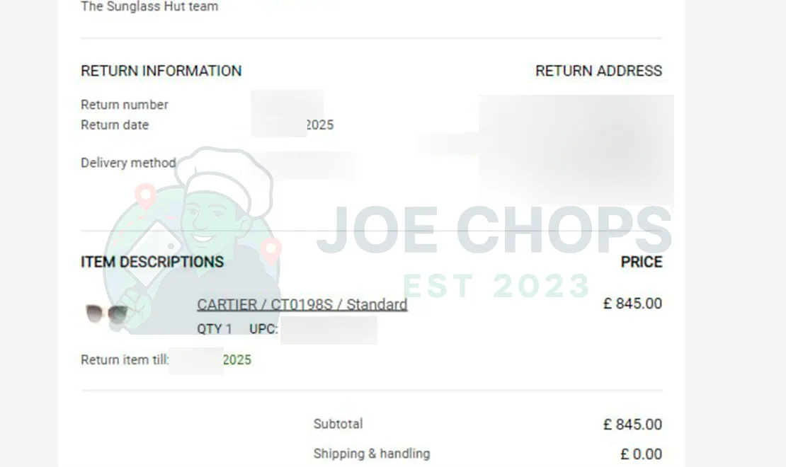 Sunglass Hut Order Success